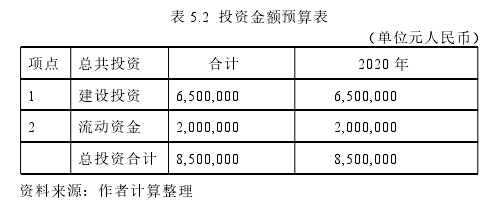 表 5.2 投資金額預算表